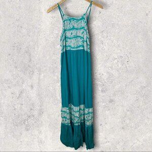 Entro Tiered Maxi Dress Tie Back Aqua Blue Bohemian Summer Beach Long Festival S
